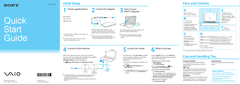 Page 1 de la notice Guide d'installation Sony Vaio Tab 11 SVT111190S