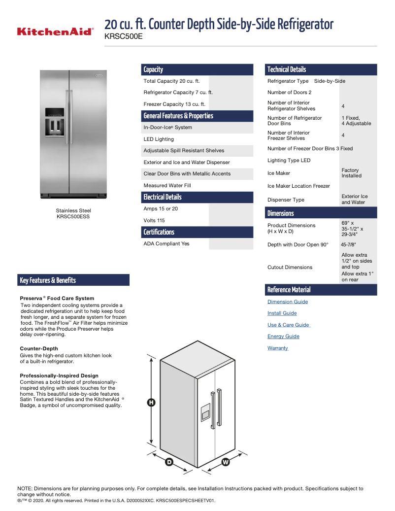 Page 1 de la notice Fiche technique KitchenAid KRSC500ESS
