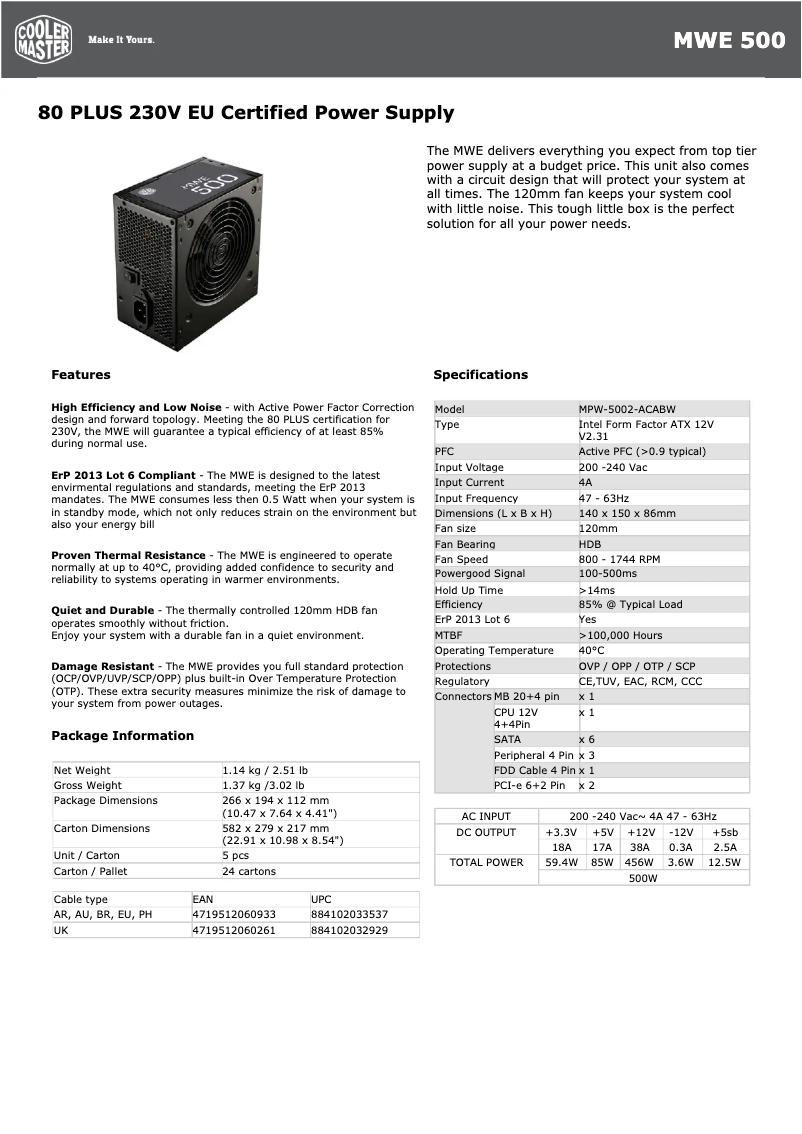 Page 1 de la notice Manuel utilisateur Cooler Master MWE 500