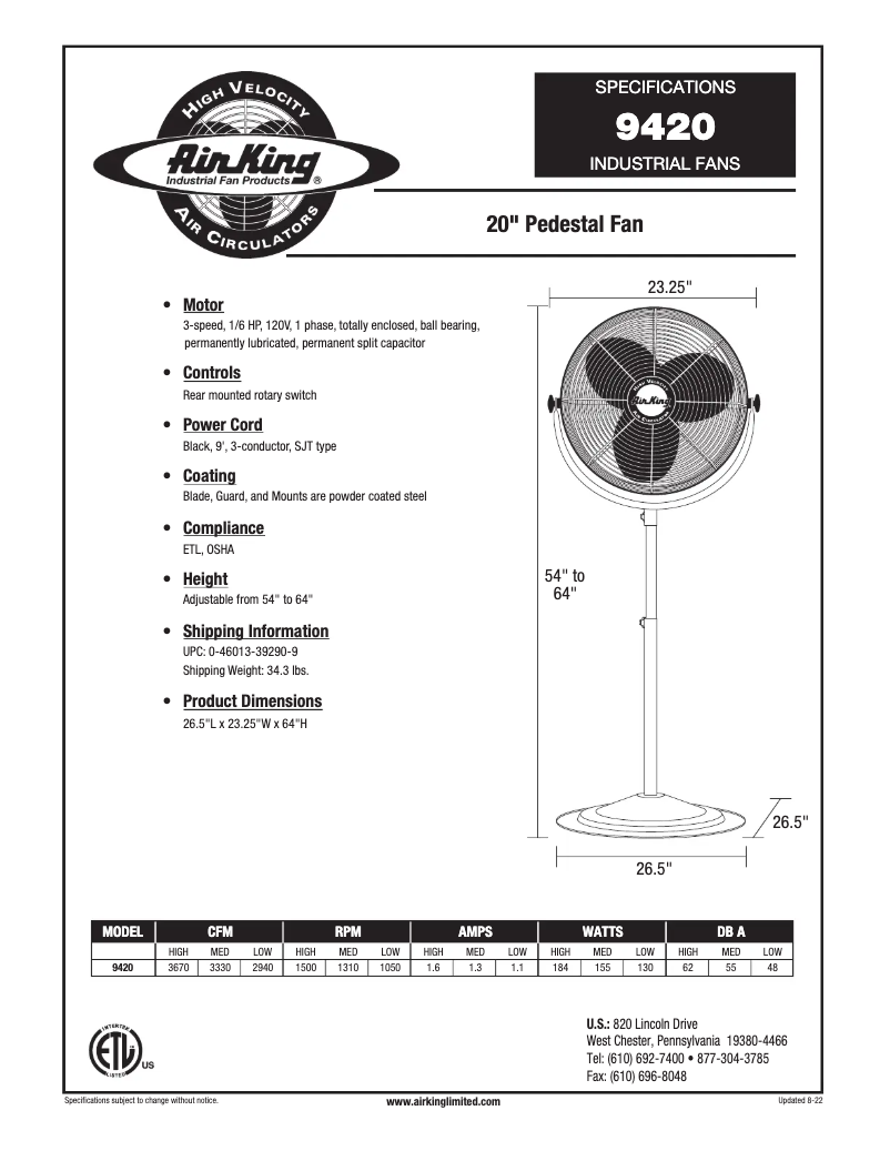 Page 1 de la notice Manuel utilisateur Air King 9420