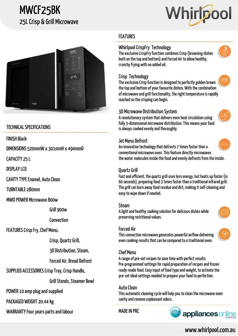 Page n°1 - Fiche technique Whirlpool MWCF25BK