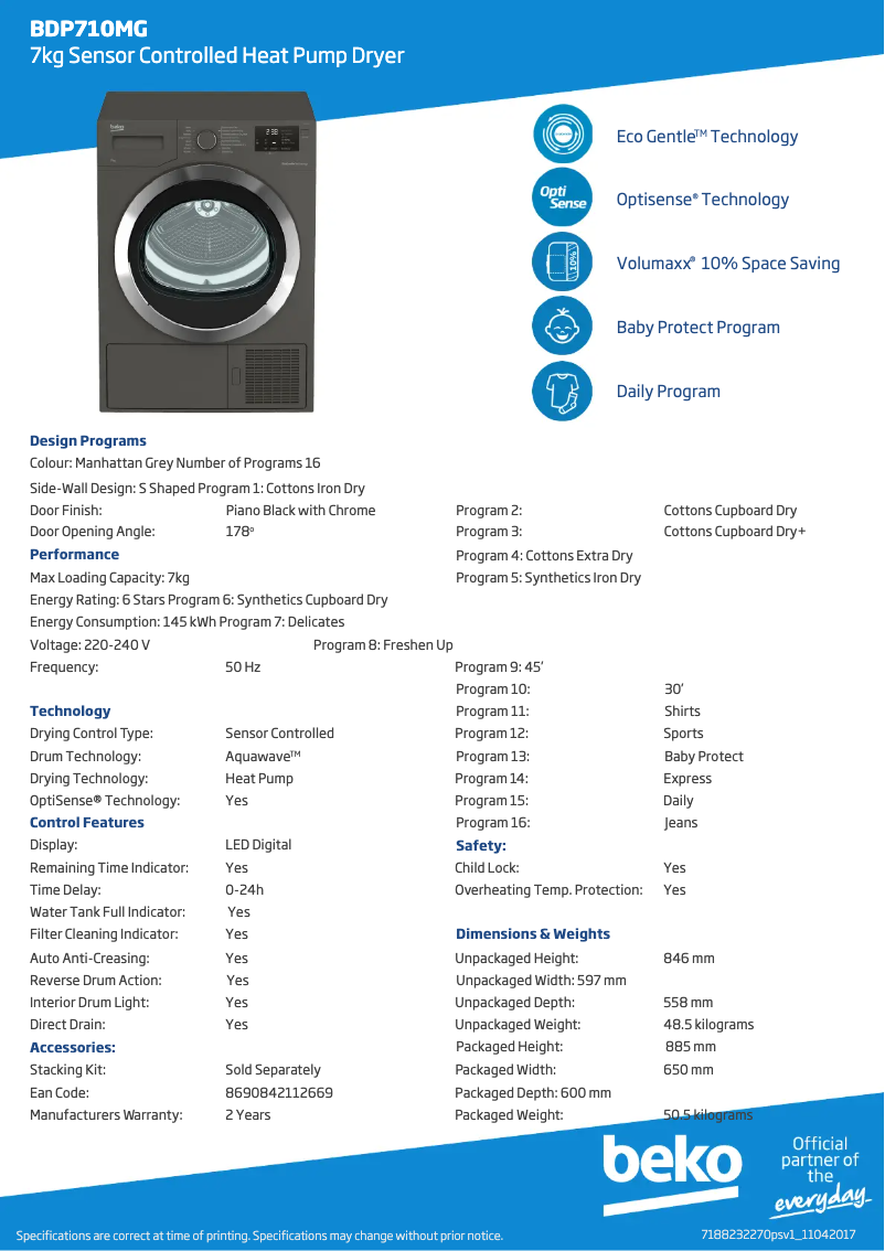 Page 1 de la notice Fiche technique Beko BDP710MG