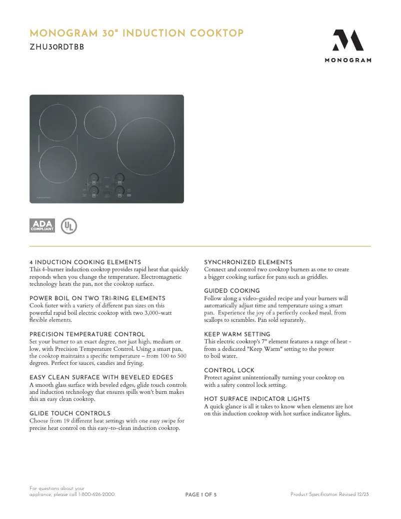 Page 1 de la notice Fiche technique Monogram ZHU30RDTBB