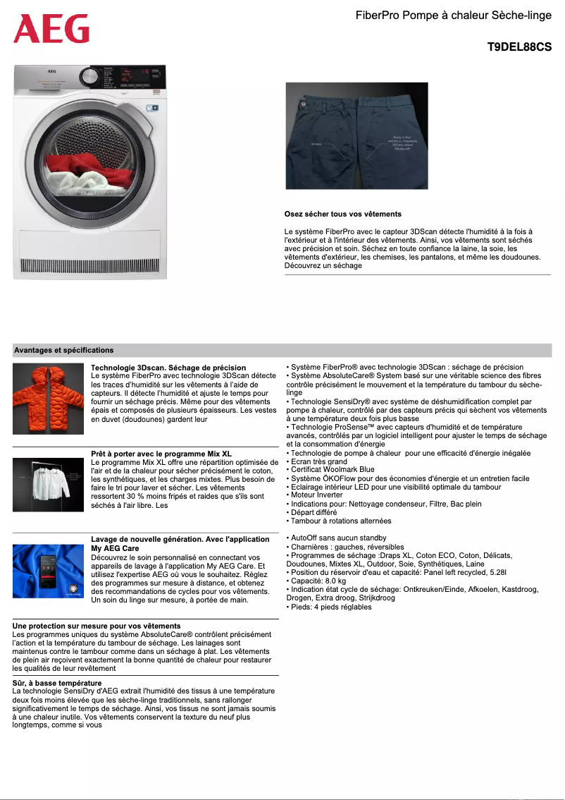 Page n°1 - Fiche technique AEG T9DEL88CS