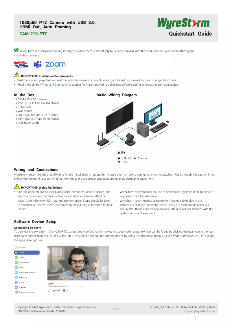 Page 1 de la notice Manuel utilisateur WyreStorm CAM-210