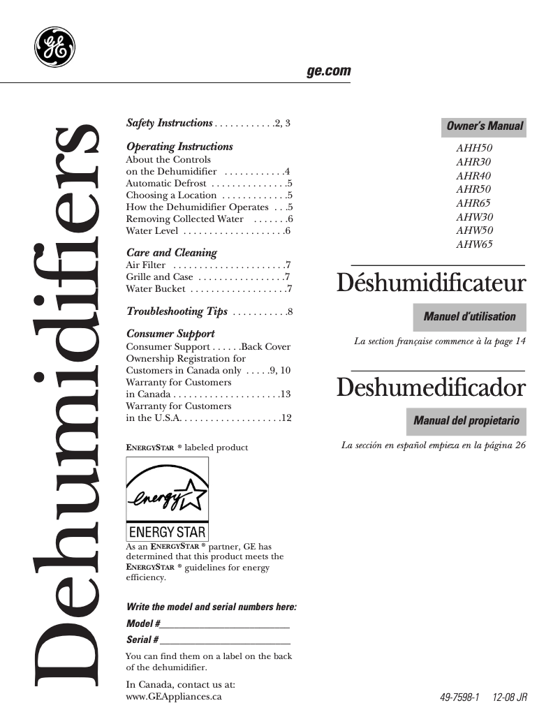Page 1 de la notice Manuel d'utilisation et d'entretien GE AHR30LM