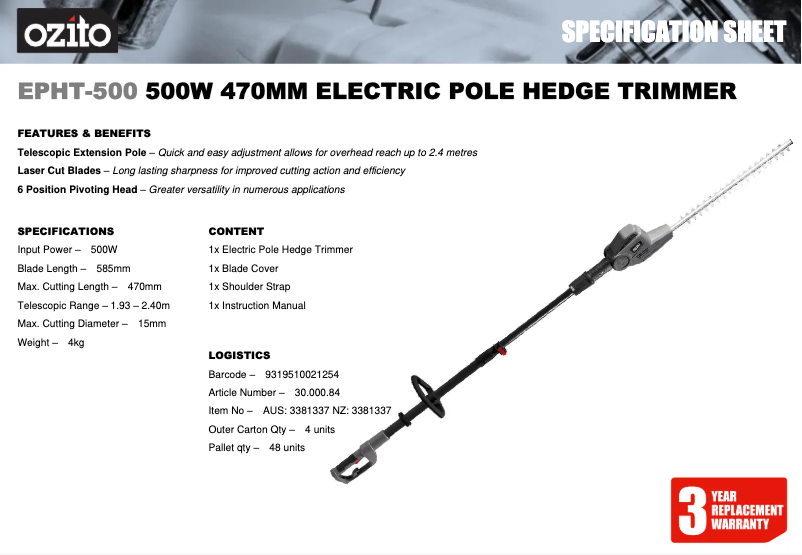 Page 1 de la notice Fiche technique Ozito EPHT-500
