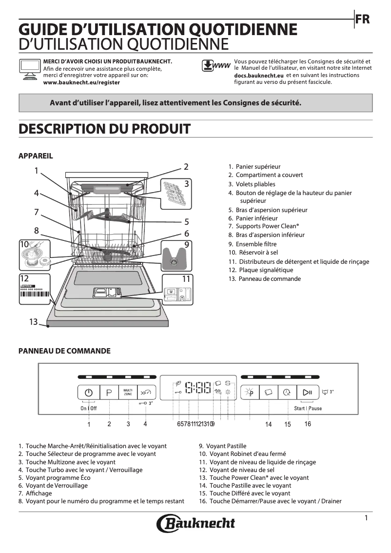 Page 1 de la notice Manuel d'utilisation et d'entretien Bauknecht OBFO PowerClean 6330