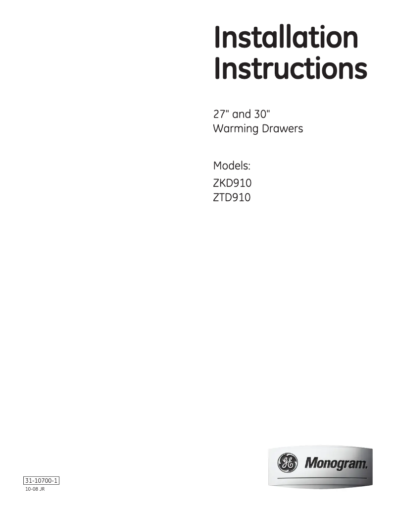 Page n°1 - Guide d'installation GE ZKD910BFBB