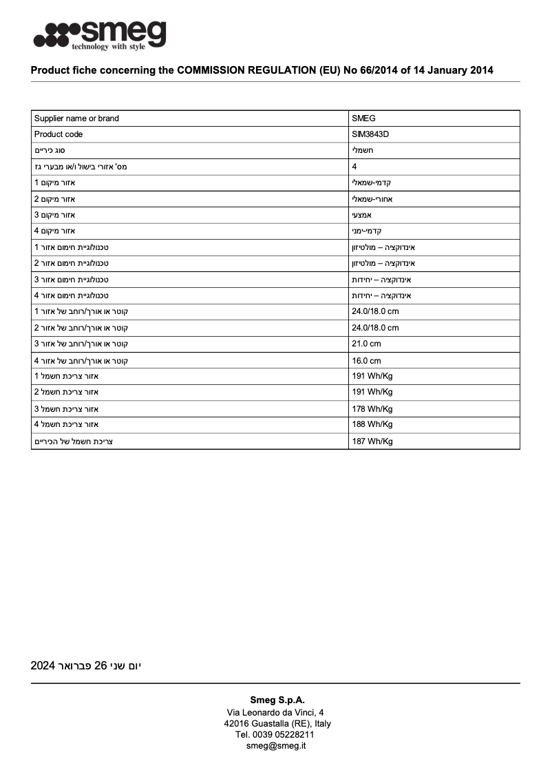 Page 1 de la notice Fiche technique Smeg SIM3843D