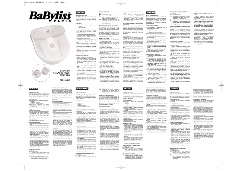 Page 1 de la notice Manuel utilisateur BaByliss Hydro Spa 8046E