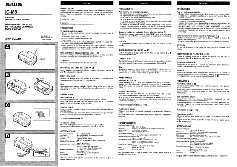 Page 1 de la notice Manuel utilisateur Aiwa IC-M8
