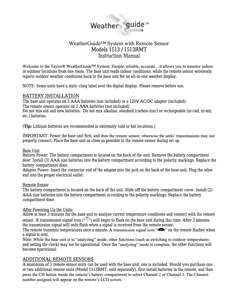 Page 1 de la notice Manuel utilisateur Taylor 1513RMT