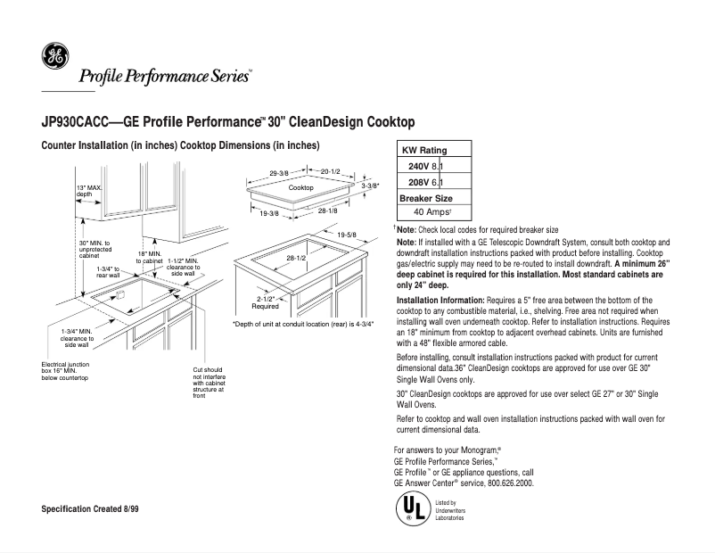 Page 1 de la notice Fiche technique GE Profile Performance JP930CACC