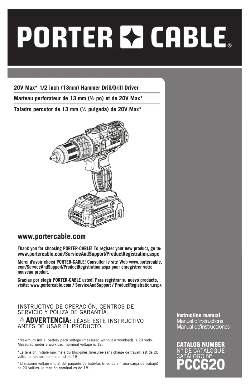 Page n°1 - Manuel utilisateur Porter-Cable PCC620B