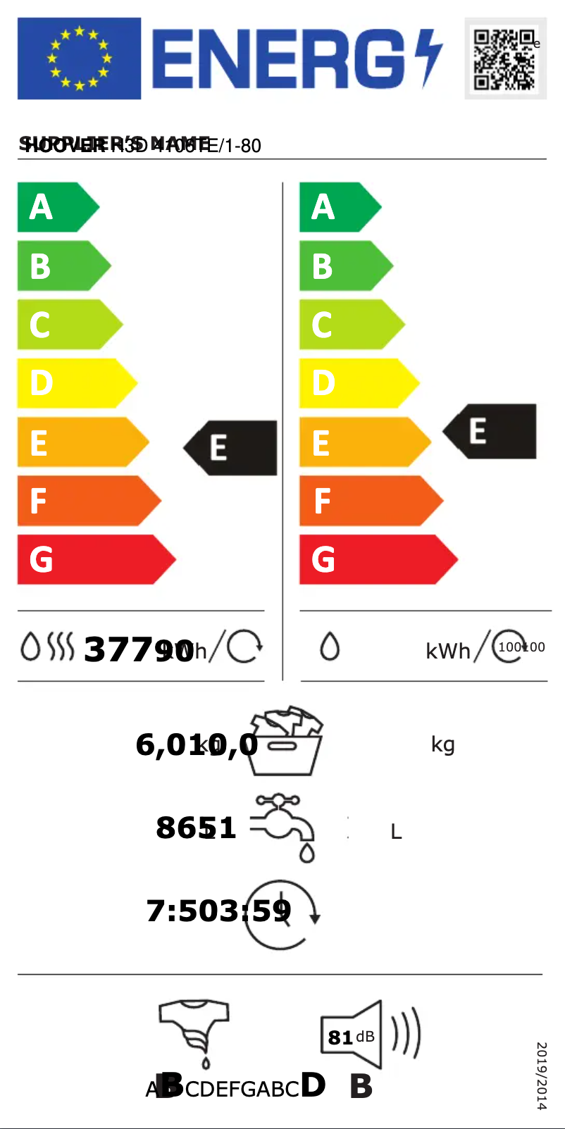 Page n°1 - Label énergétique Hoover H-WASH 300 LITE H3D 4106TE/1-80
