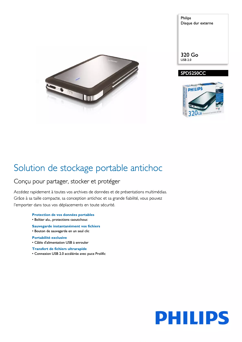 Page 1 de la notice Fiche technique Philips SPD5250CC