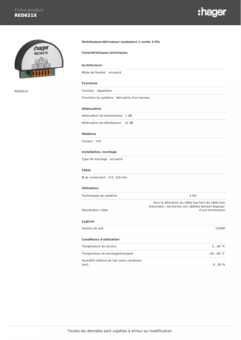 Page 1 de la notice Fiche technique Hager RED621X