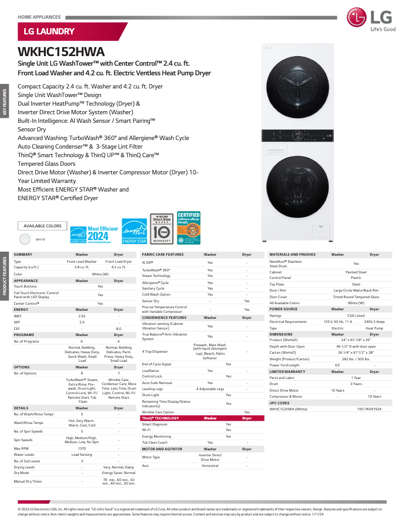 Page n°1 - Fiche technique LG WKHC152HWA