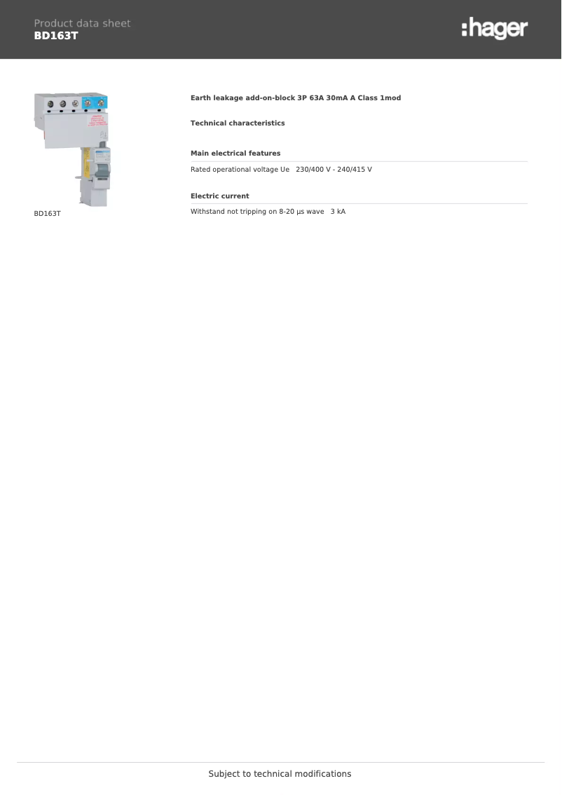 Page 1 de la notice Fiche technique Hager BD163T