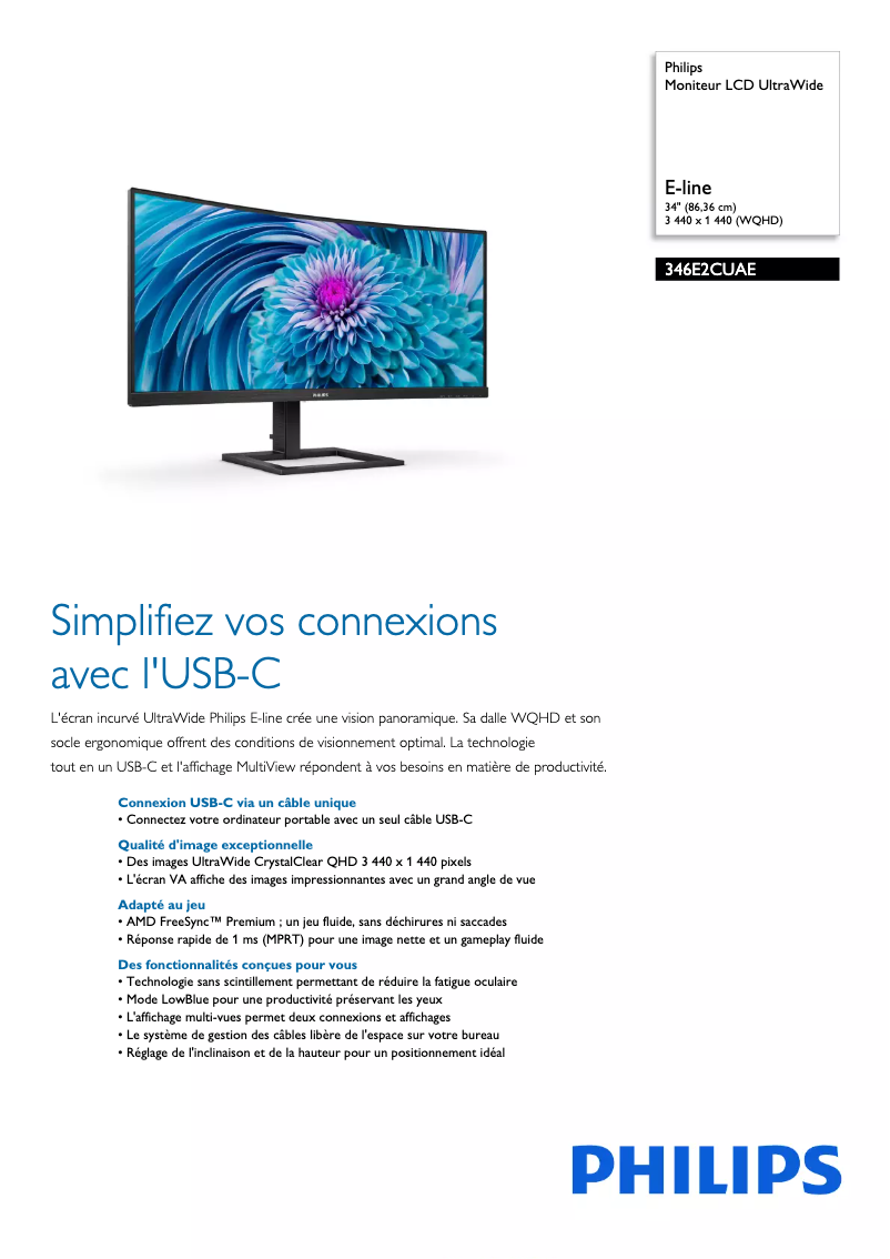 Page 1 de la notice Fiche technique Philips 346E2CUAE