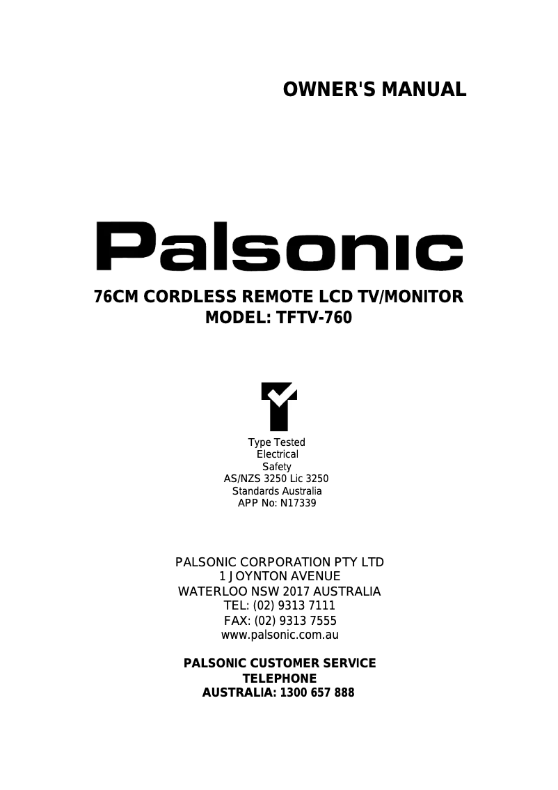 Page n°1 - Manuel utilisateur Palsonic TFTV760