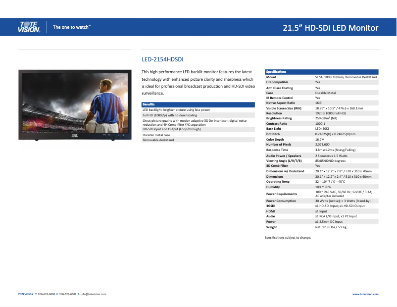 Page n°1 - Manuel utilisateur Tote Vision LED-2154HDSDI