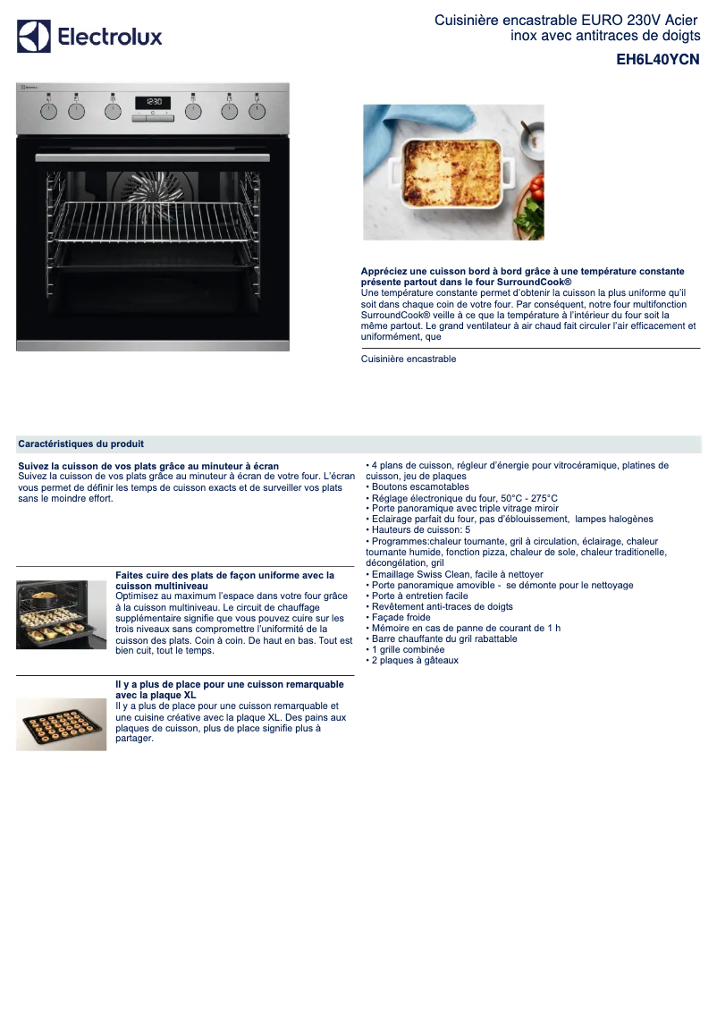 Page 1 de la notice Fiche technique Electrolux EH6L40YCN