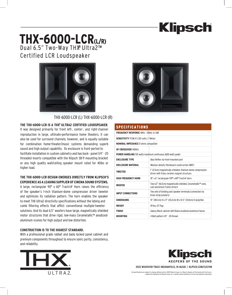 Page 1 de la notice Fiche technique Klipsch THX-6000-LCR-R