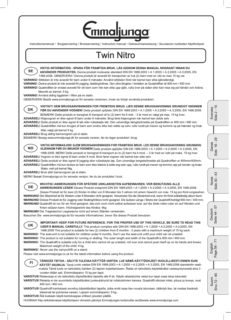 Page 1 de la notice Manuel utilisateur Emmaljunga Twin Nitro