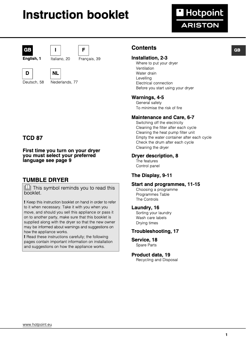 Page n°1 - Manuel utilisateur Hotpoint TCD 871 6HY1 (EU)