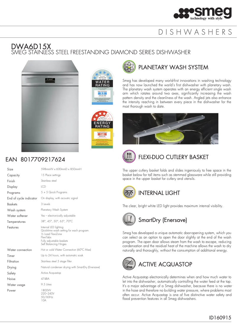 Page 1 de la notice Fiche technique Smeg DWA6D15X