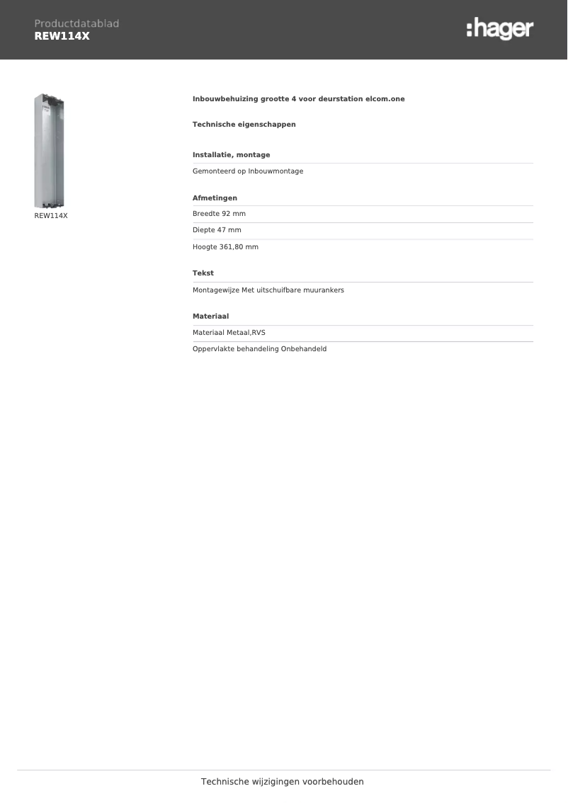 Page 1 de la notice Fiche technique Hager REW114X