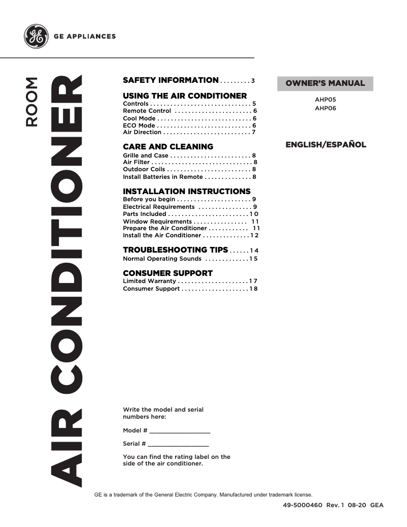 Page 1 de la notice Manuel d'utilisation et d'entretien GE AHP05LZ