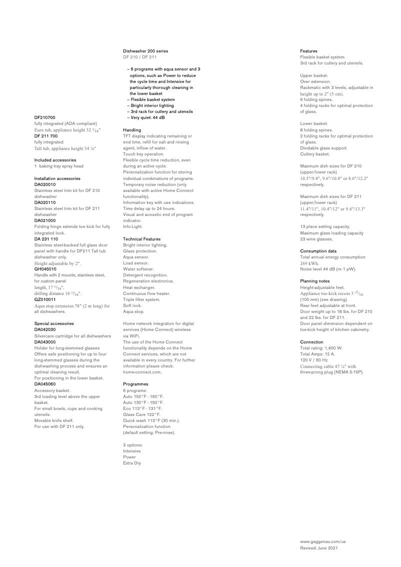 Page n°1 - Fiche technique Gaggenau DF210700