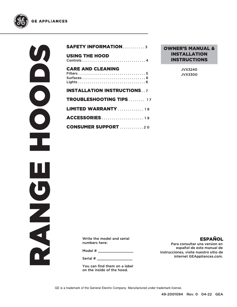 Imagen de la primera página del manual del dispositivo JVX3240DJWW