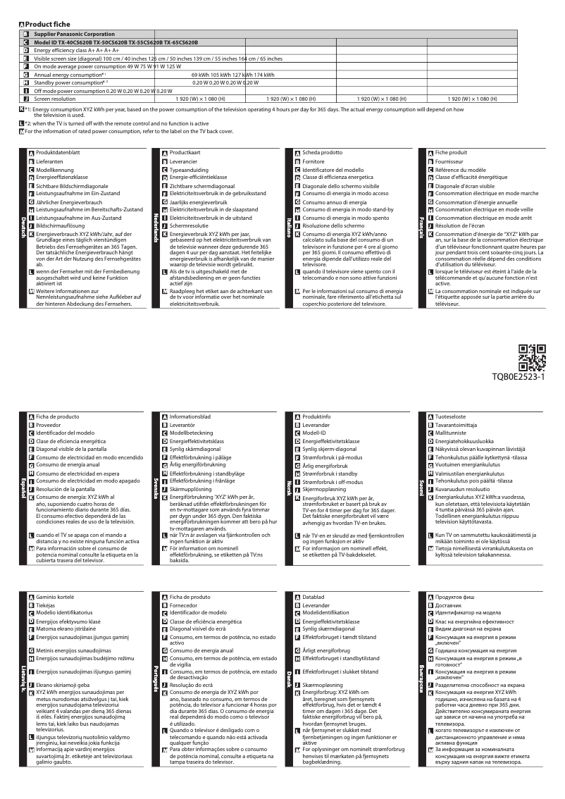 Page 1 de la notice Fiche technique Panasonic TX-40CS620B