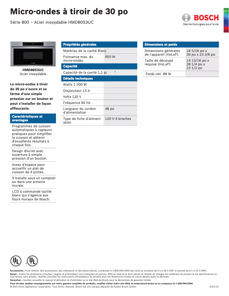 Page 1 de la notice Fiche technique Bosch HMD8053UC