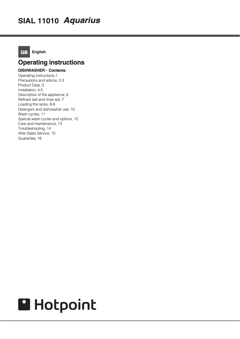 Page n°1 - Manuel utilisateur Hotpoint Aquarius SIAL 11010 P