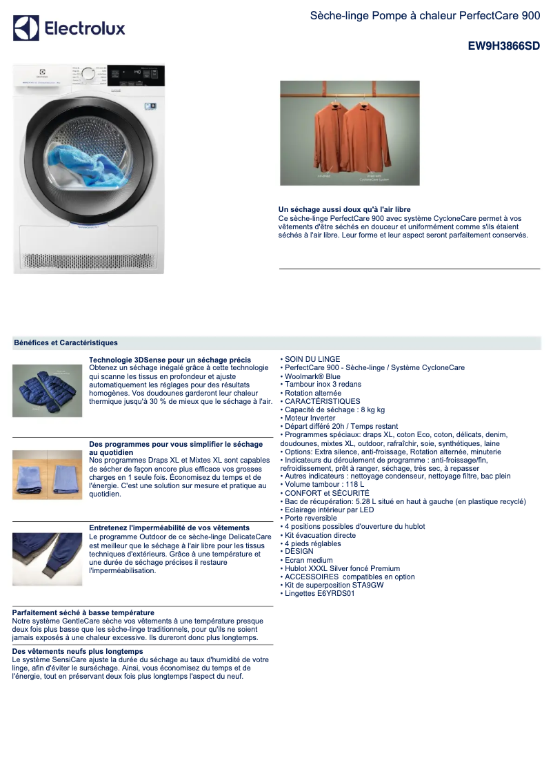 Page n°1 - Fiche technique Electrolux EW9H3866SD