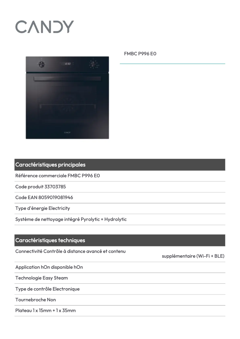 Page 1 de la notice Fiche technique Candy FMBC P996 E0