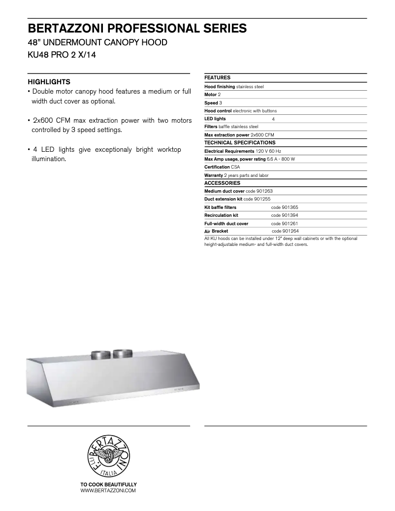 Page 1 de la notice Fiche technique Bertazzoni KU48PRO2X14
