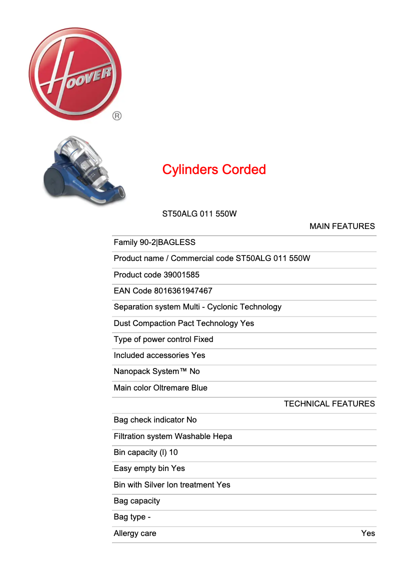 Page 1 de la notice Fiche technique Hoover Synthesis ST50ALG 011