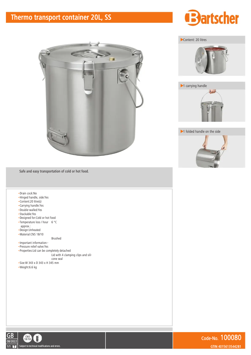 Page n°1 - Fiche technique Bartscher 100080