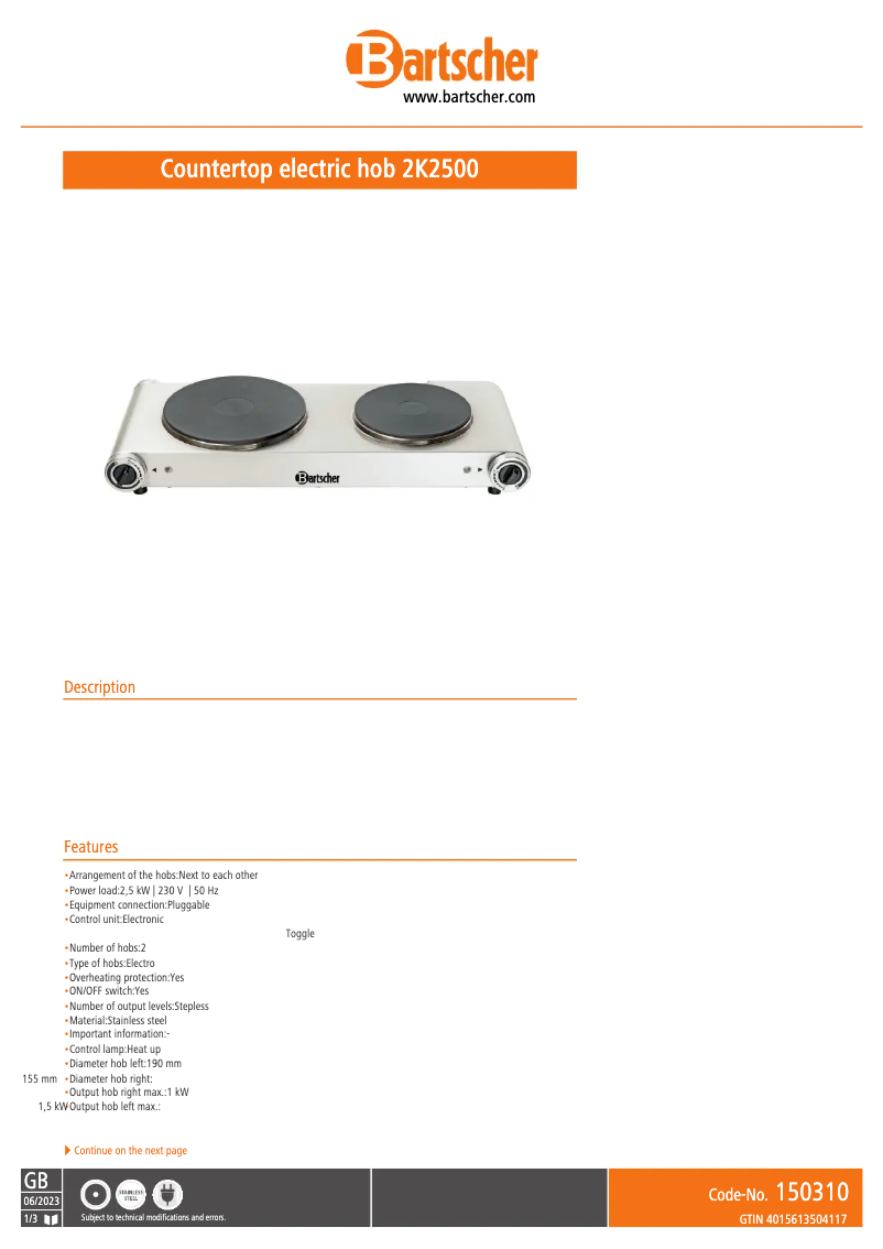 Page 1 de la notice Fiche technique Bartscher 150310