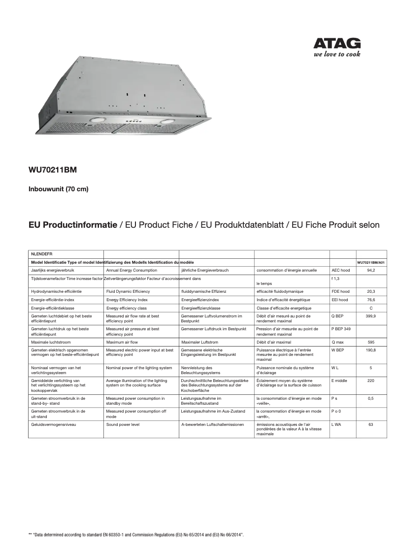 Page 1 de la notice Fiche technique Atag WU70211BM