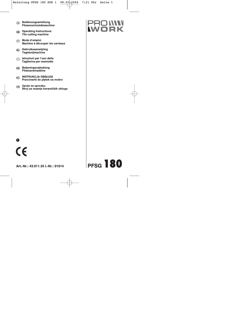 Page 1 de la notice Manuel utilisateur Prowork PFSG 180