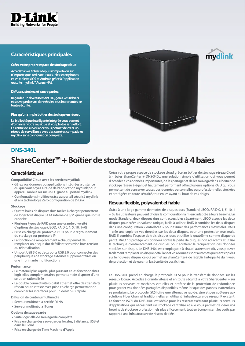 Page 1 de la notice Fiche technique D-Link DNS-340L