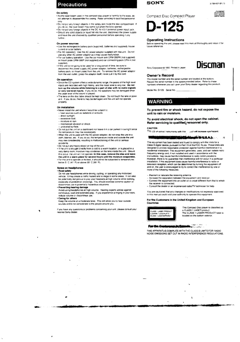 Page 1 de la notice Manuel utilisateur Sony Discman D-125