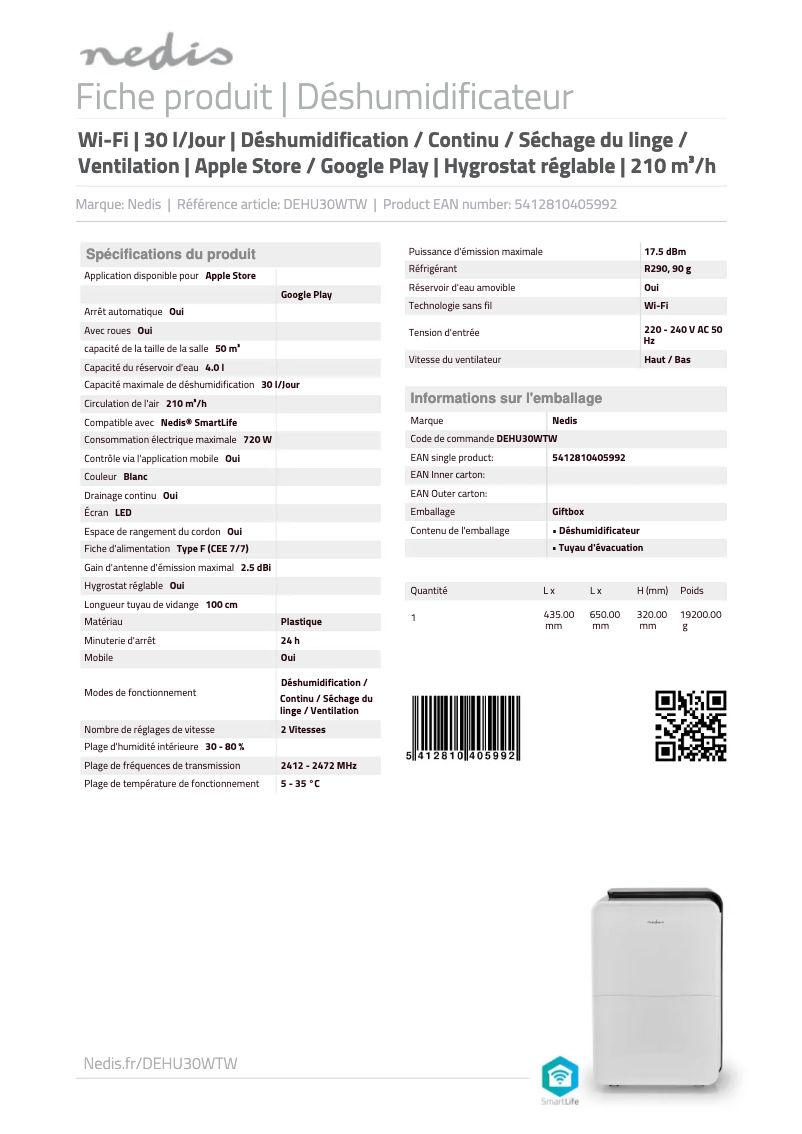 Page 1 de la notice Fiche technique Nedis DEHU30WTW